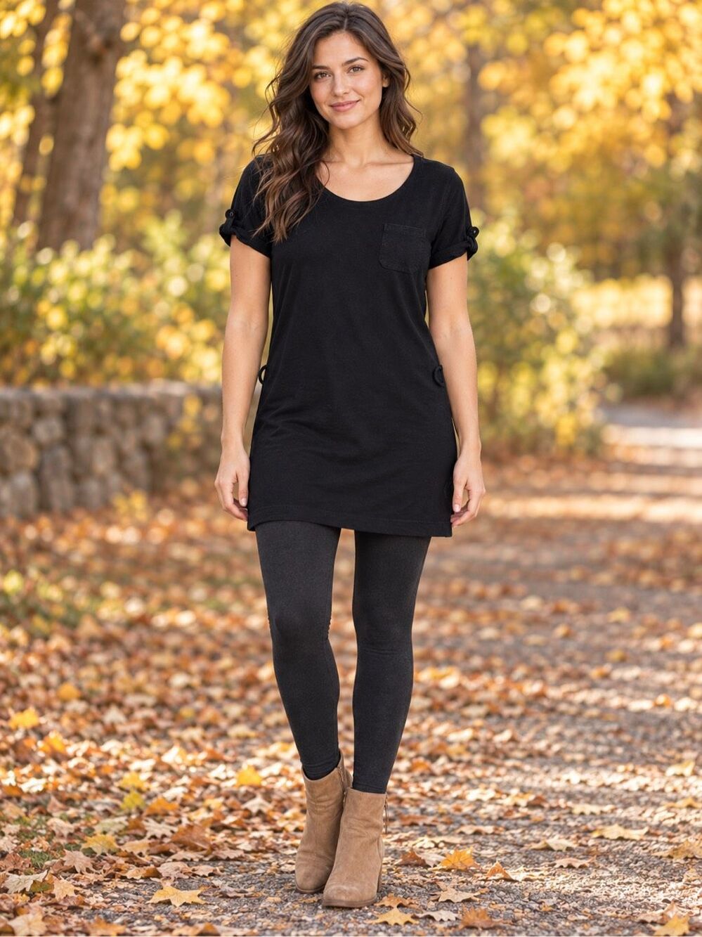 Forever 21 Black Tunic T-Shirt Dress Size M Roll Tab Sleeves Pocket Casual Mini